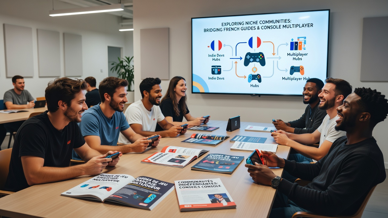 Console multiplayer session with French game guides displayed alongside player interfaces and community discussion threads