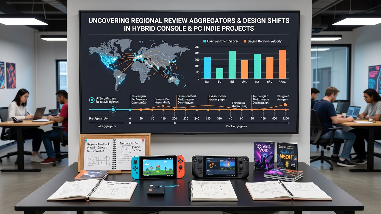 Indie development team reviewing regional score data for console and PC hybrid game adjustments